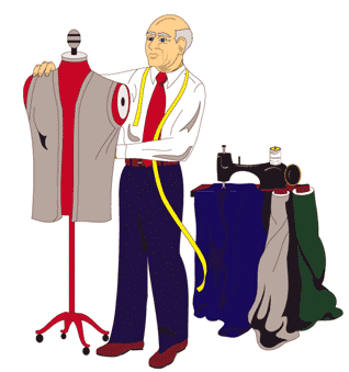 Tailor measuring a custom vest on a mannequin beside a sewing machine and fabric rolls.