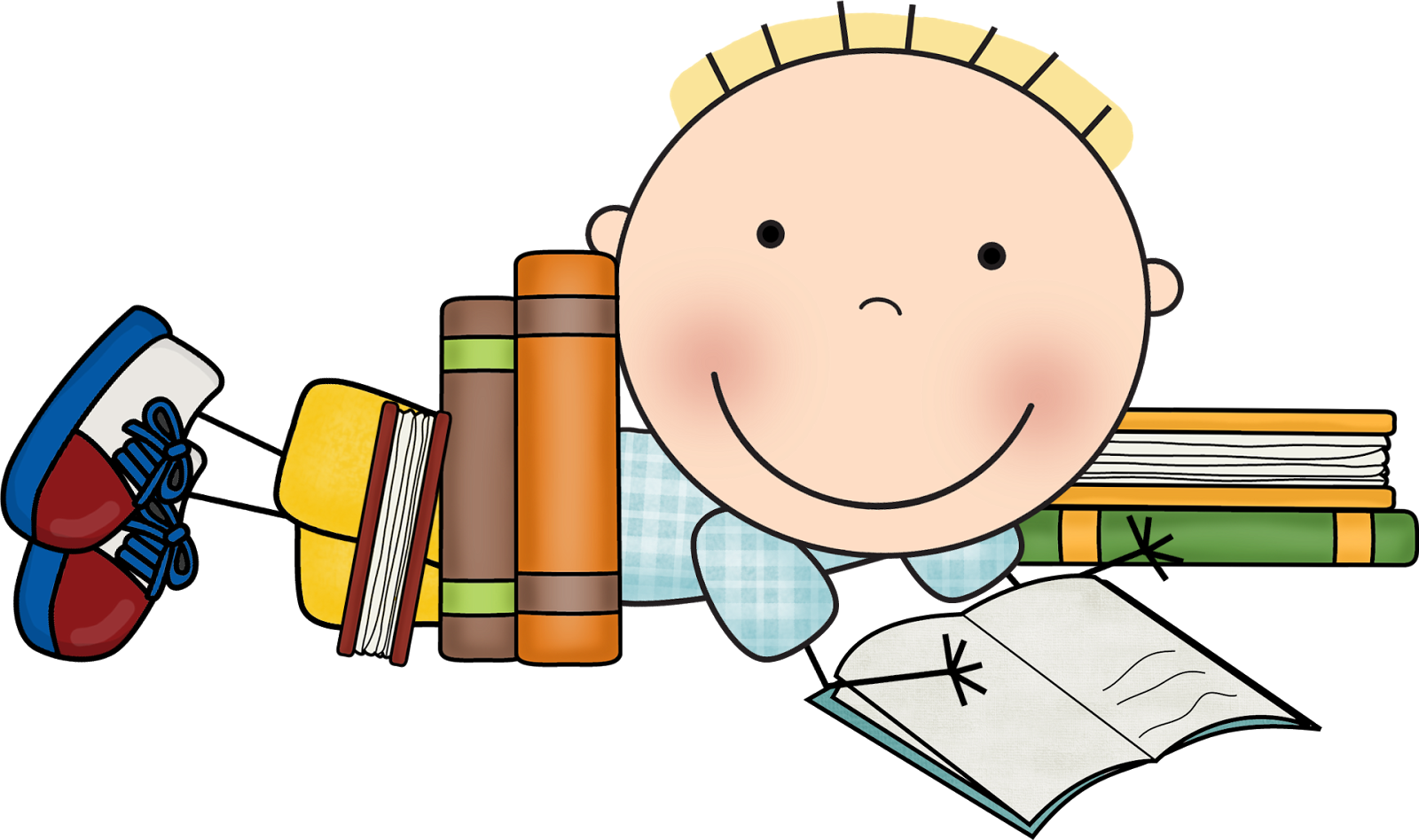 Smiling cartoon baby lying on stomach reading a book, surrounded by colorful books and a pair of sneakers.