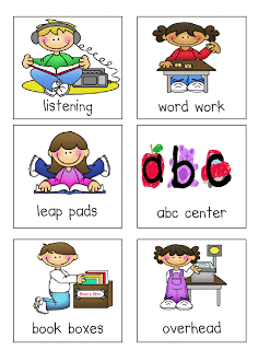 Six illustrated classroom literacy center cards: listening, word work, leap pads, abc center, book boxes, and overhead.