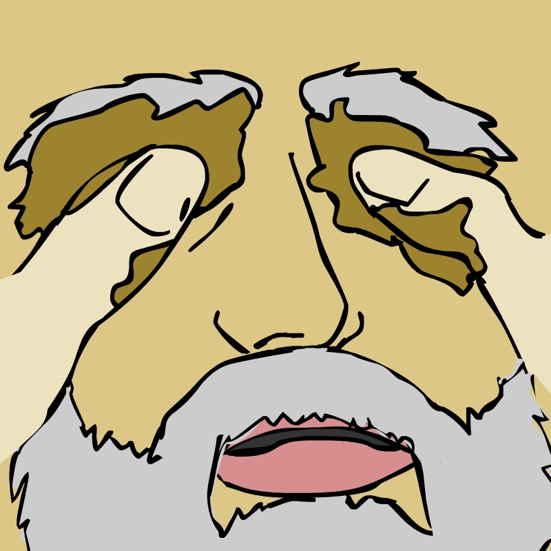 Three stylized cartoon faces with expressive eyes and gray-blonde hair, drawn in bold black outlines against a beige background.