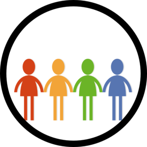 Four stylized human figures in red, orange, green, and blue holding hands, symbolizing diversity and unity.