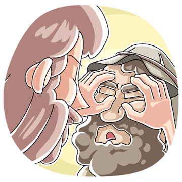 A woman gently applies healing touch to a bearded man’s eyes, evoking compassion and spiritual restoration.