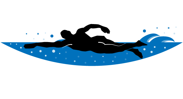 Black silhouette of a swimmer performing freestyle stroke in blue water with bubbles and wave splash.
