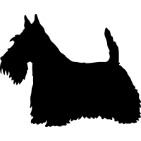 Black silhouette of a Scottish Terrier dog in profile, showing distinctive beard, erect ears, and docked tail.