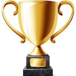 Shiny gold trophy with ornate handles on a black marble base, symbolizing victory and achievement.