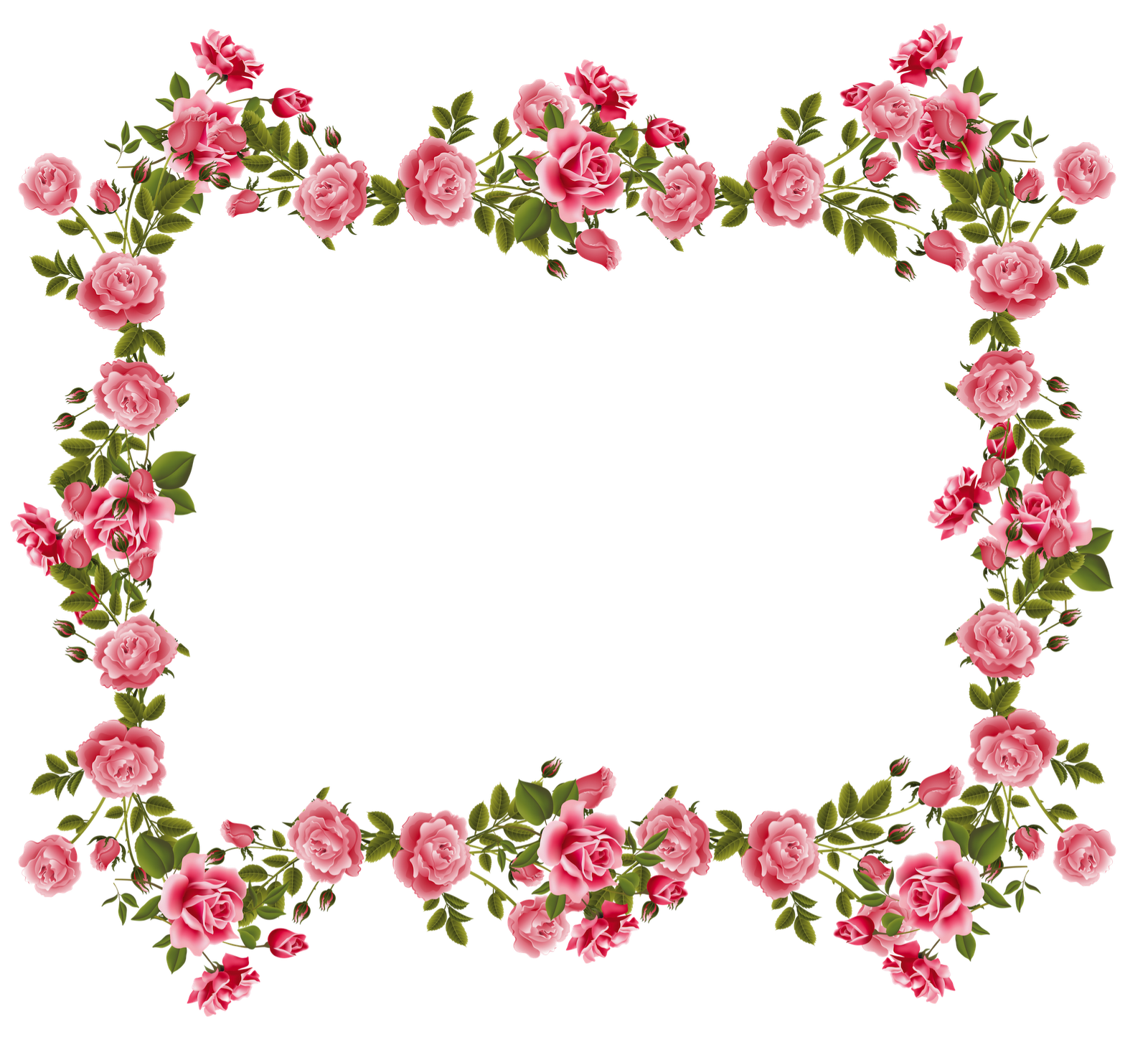 Pink rose floral border with green leaves forming a decorative rectangular frame on transparent background.