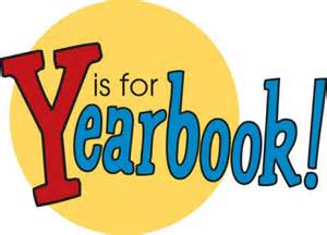 Colorful graphic reading "Y is for Yearbook!" with red Y, blue text, and yellow sunburst background.