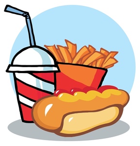 Cartoon-style fast food combo featuring a soda cup, french fries, and a hot dog with mustard.