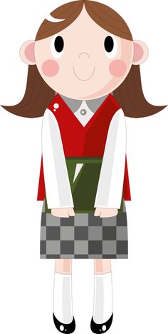 Cartoon girl in traditional Japanese school uniform with red vest, white shirt, green skirt, and checkered pleated skirt.