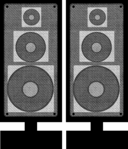 Pair of vintage-style three-way tower speakers with tweeter, midrange, and woofer drivers on textured grille.