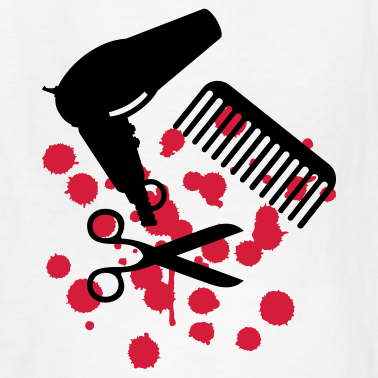 Black silhouettes of a hairdryer, comb, and scissors on a white background with red splatter accents.