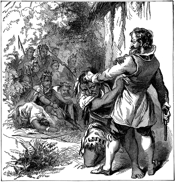 A 19th-century engraving depicts a European man seizing an Indigenous person by the hair in a jungle setting, with onlookers and armed figures nearby.