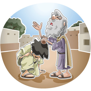 An elderly bearded man anoints a kneeling person with oil in a biblical scene, set in an ancient village.
