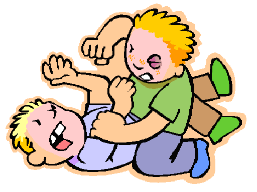 Two cartoon boys wrestling playfully on the floor, one pinning the other with a joyful expression.