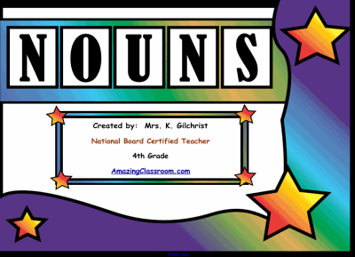Colorful educational poster titled "NOUNS" for 4th-grade grammar instruction, featuring stars and rainbow design.