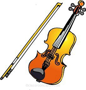 A colorful cartoon-style violin with a bow, featuring a gradient yellow-to-orange body and black fittings.