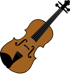 Illustration of a classic wooden violin with four strings on black background.