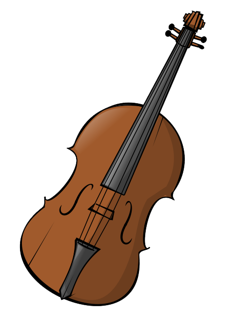 Illustration of a classic wooden violin with black fingerboard and tuning pegs, shown diagonally against white background.