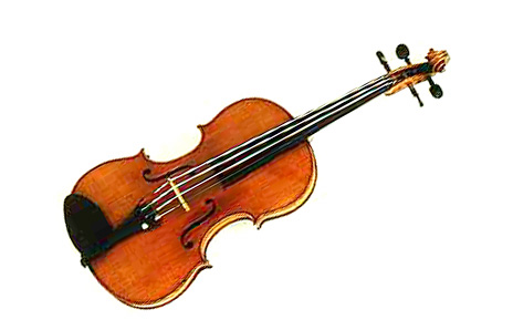 Classic wooden violin with black chin rest and four strings, isolated on white background.
