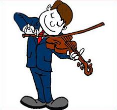 Cartoon businessman in suit playing violin with joyful expression.