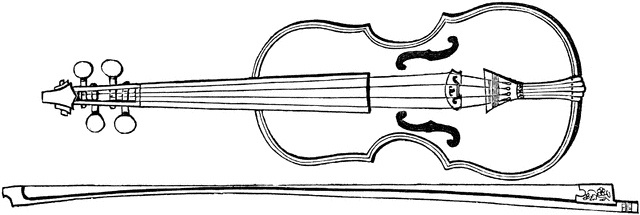 Black-and-white line drawing of a classical violin with bow, showing detailed scroll, f-holes, and strings.