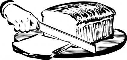 A hand slicing a loaf of bread with a knife on a cutting board, illustrated in black-and-white line art.