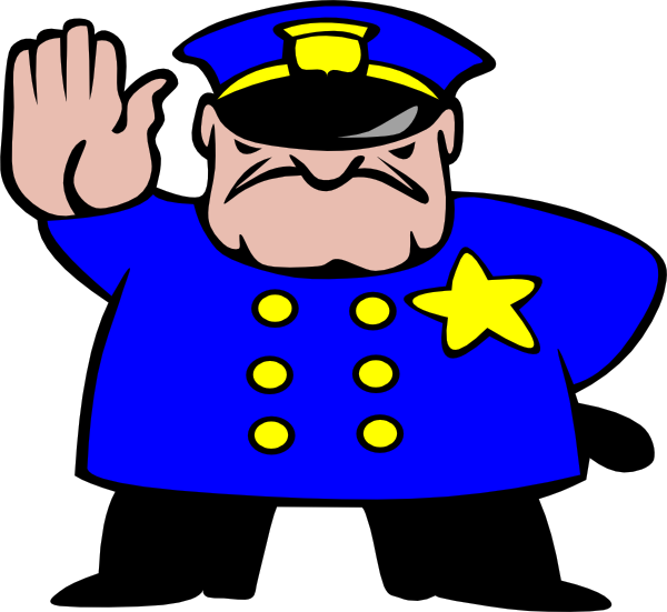 Cartoon police officer in blue uniform with yellow star, stern expression, raising hand to signal stop.
