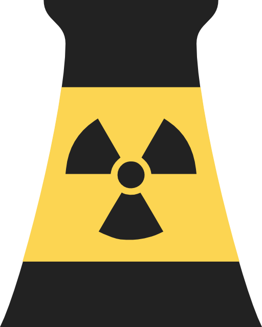 Yellow nuclear cooling tower with black radiation symbol on its side.