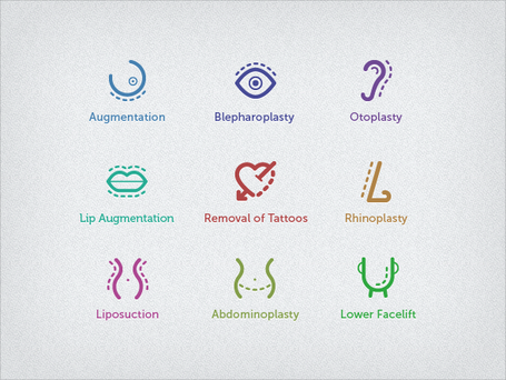Nine illustrated icons representing common cosmetic surgery procedures including augmentation, blepharoplasty, otoplasty, liposuction, and facelift.
