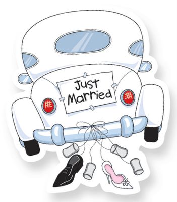White cartoon car with "Just Married" sign and dangling shoes-classic wedding getaway illustration.
