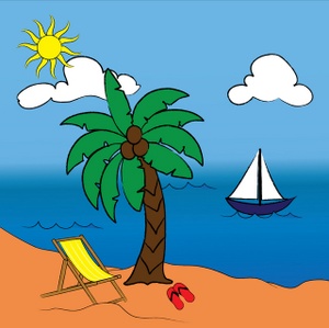 A sunny tropical beach with a palm tree, yellow lounge chair, red flip-flops, and a sailboat on blue water under a bright sun.