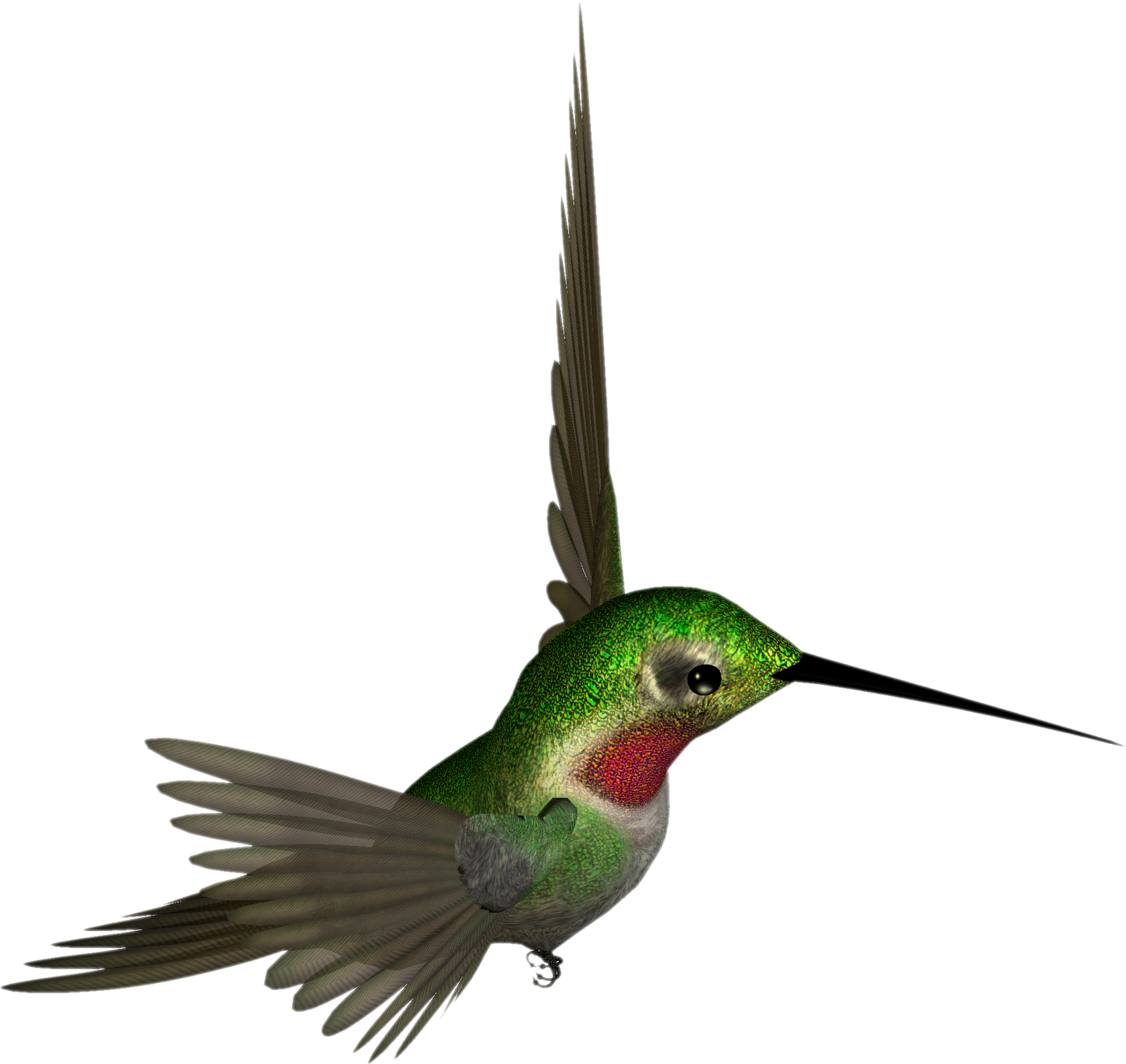 Ruby-throated hummingbird in mid-flight with iridescent green plumage and vivid red gorget against black background.