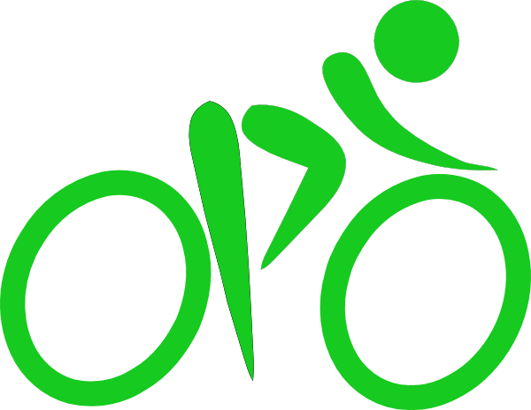 Green stylized logo of a cyclist in motion, integrated with abstract circular elements forming a dynamic emblem.