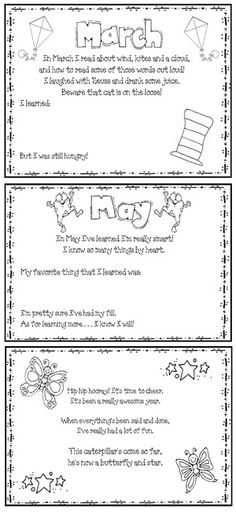 Three illustrated monthly reflection pages for March, May, and June with poems, doodles, and learning reflections for students.