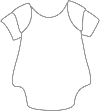 Simple line drawing of a baby onesie with short sleeves and rounded neckline.