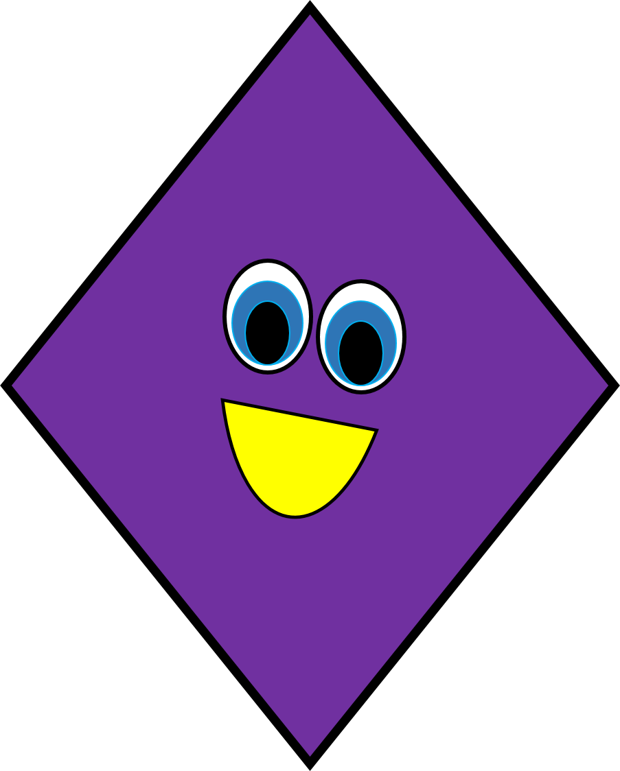 Purple diamond-shaped character with big blue eyes and a yellow smile, set against black background.