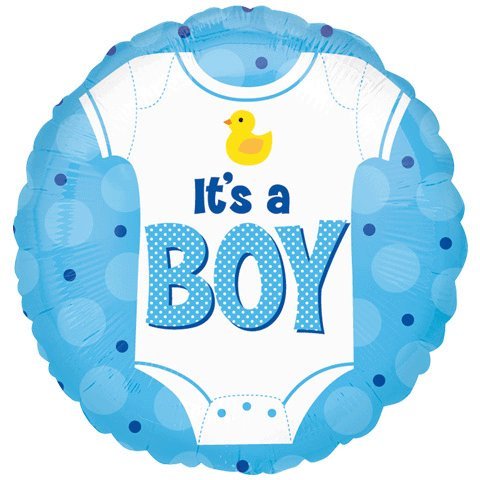 Blue foil balloon shaped like a baby onesie with "It's a BOY" text and yellow rubber duck, for baby shower celebrations.