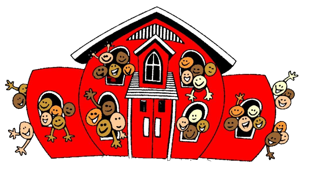 Cheerful cartoon school building with diverse smiling children peeking from windows and doors, labeled "OKAY SCHOOL".