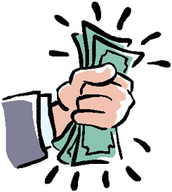 A cartoon hand gripping a stack of green cash bills with radiating lines indicating excitement or value.
