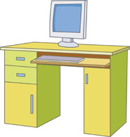 Yellow and green computer desk with monitor, keyboard tray, and storage drawers.