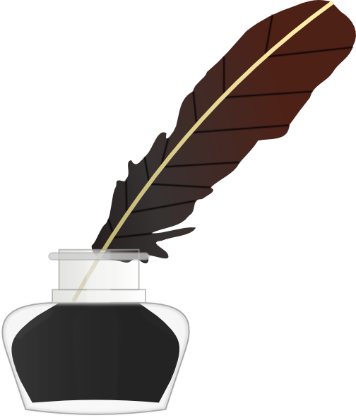 A classic quill pen dipped in a glass inkwell filled with black ink, symbolizing traditional writing and calligraphy.