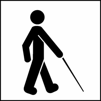 Black silhouette of a person walking with a white cane, symbolizing visual impairment accessibility.