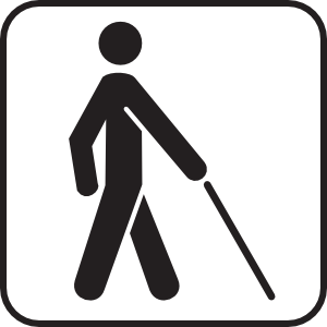 Black silhouette of a person walking with a white cane inside a white square with rounded corners.