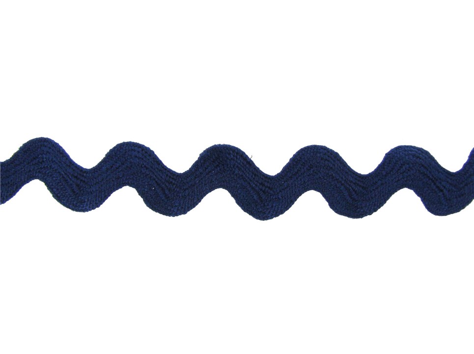 Navy blue wavy ric rac trim with textured knit pattern on white background