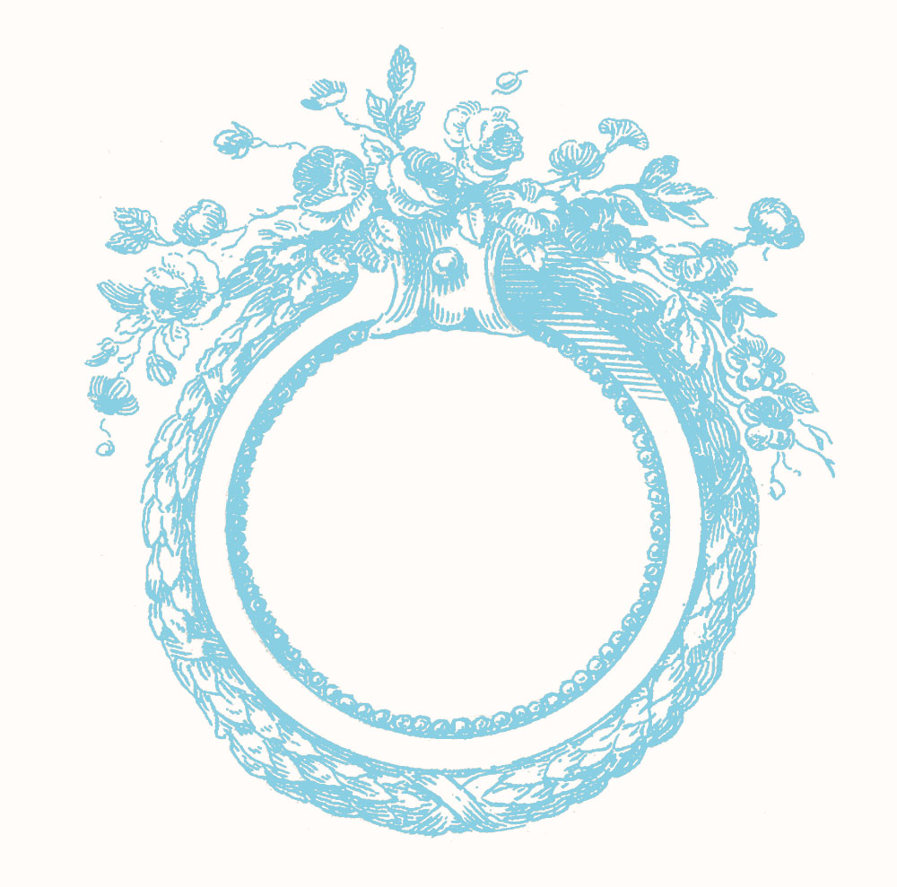Delicate light blue floral wreath with roses and leaves encircling an ornate circular frame, vintage engraving style.