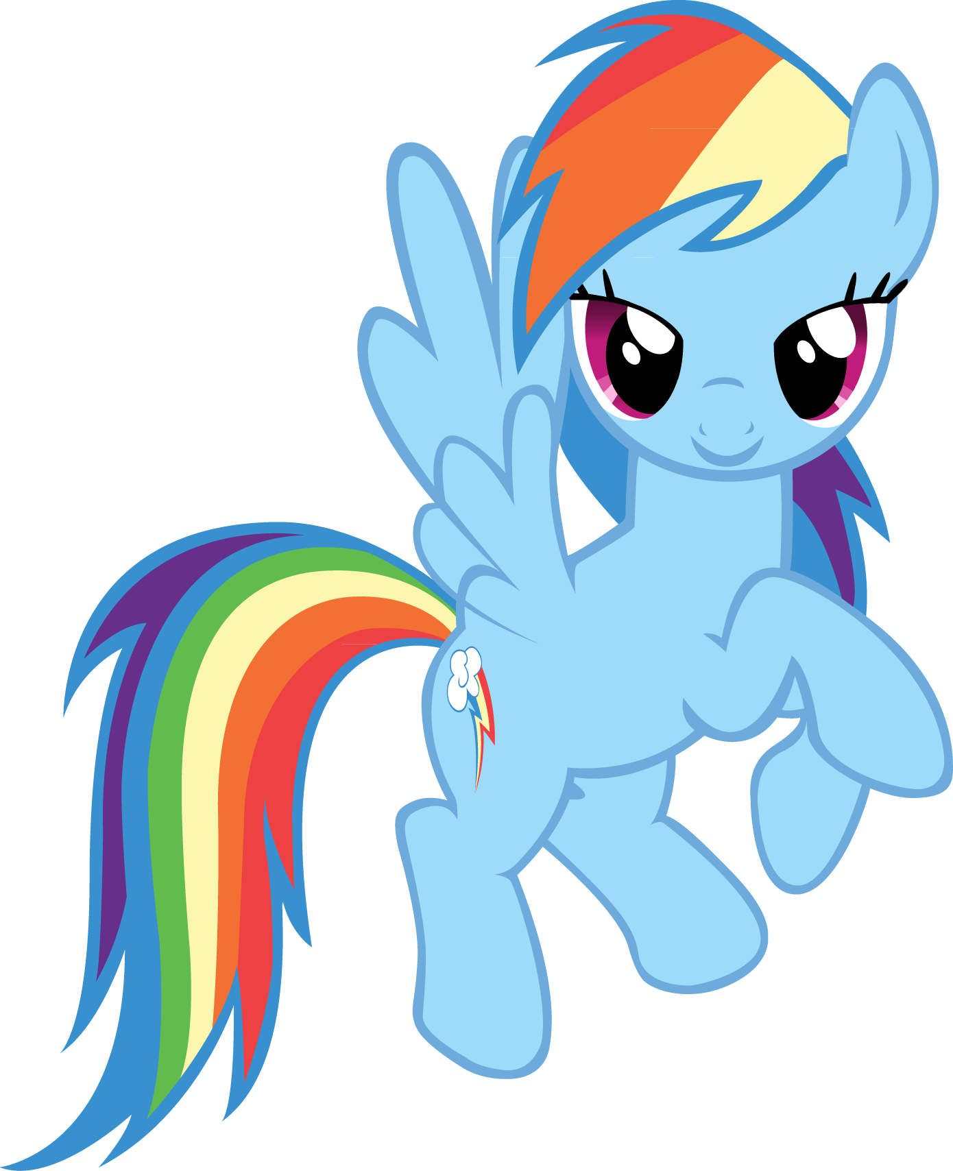 Rainbow Dash, a light blue Pegasus pony with a rainbow mane and tail, waving cheerfully with her hoof.