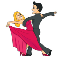 A smiling couple dancing tango, woman in red dress and man in black suit, mid-movement with expressive poses.