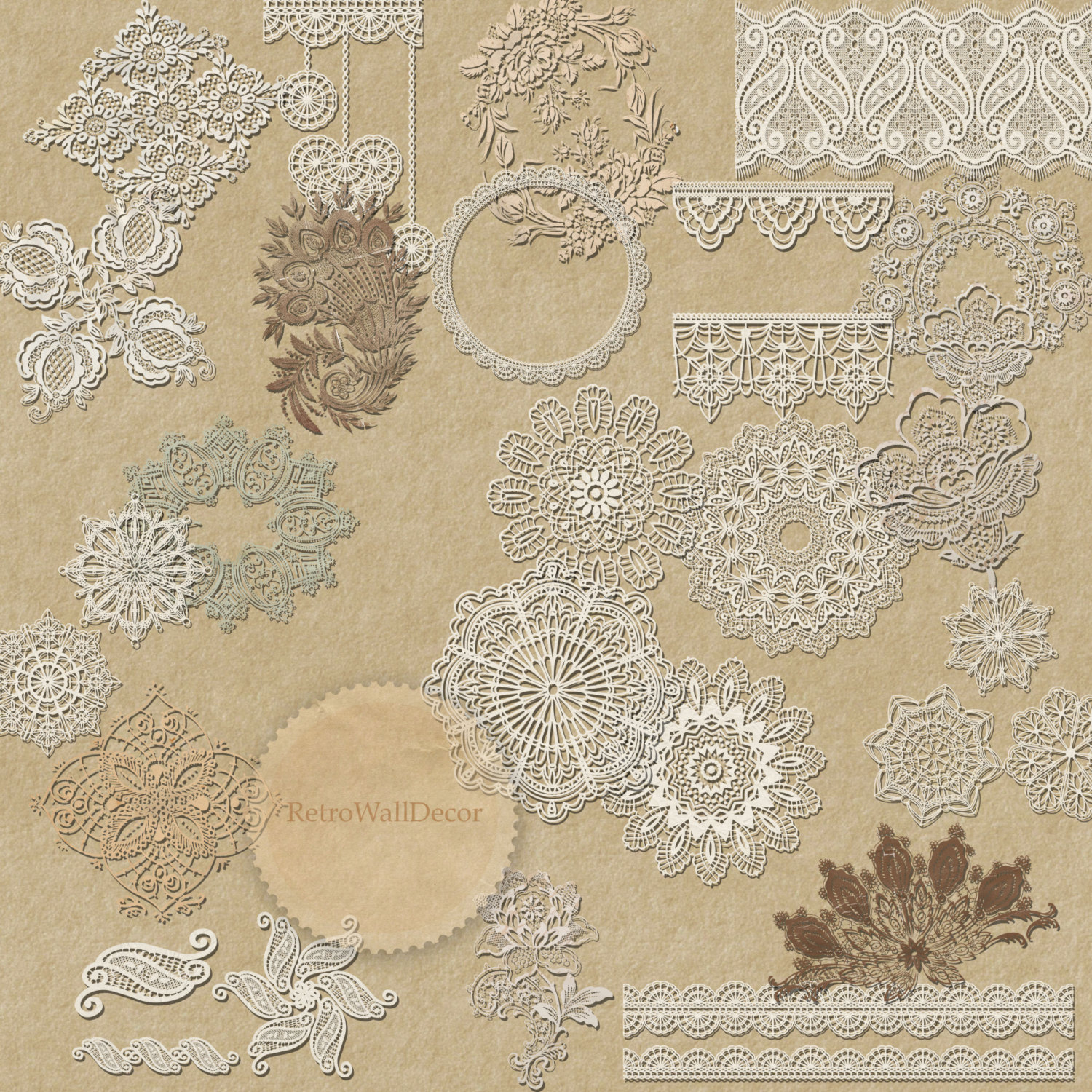 Vintage lace patterns collection on aged parchment background, featuring floral, geometric, and ornamental designs in cream and sepia tones.
