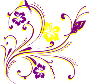 Vibrant purple and yellow floral swirl design with hibiscus-style flowers on transparent background.