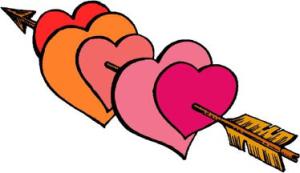 A golden arrow pierces a row of colorful hearts in shades of red, orange, and pink, symbolizing love and romance.